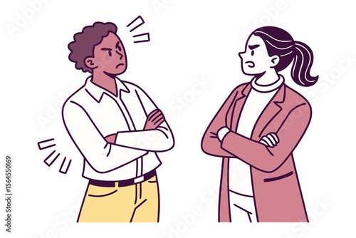 Two individuals with arms crossed and angry expressions facing each other symbolizing conflict or disagreement in a stylized illustration