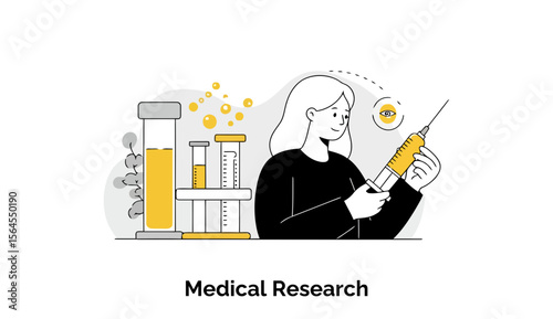 Female scientist in a black lab coat holding a syringe, surrounded by test tubes and beakers in a modern research setting. A focused scientist performs an experiment in a lab setting.