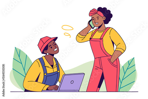Two diverse women collaborating on a project one using a laptop and the other talking on a phone surrounded by stylized leaves
