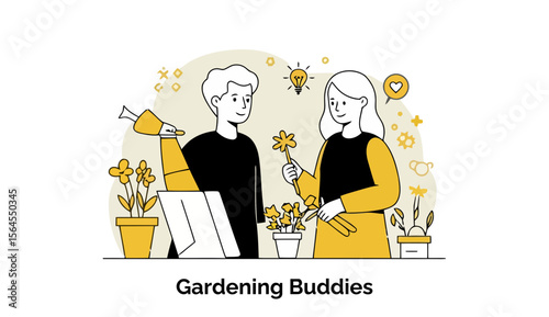 Young adults in casual clothing engaged in gardening activities, watering and tending plants. Friendly interaction between amateur gardeners in a home setting.