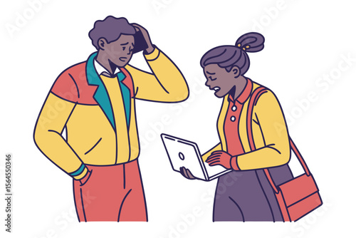 Two diverse individuals expressing frustration and confusion while looking at a laptop screen together