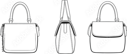Technical flat sketch of structured leather handbag, side view and front flap detail, minimalist fashion purse vector illustration design
