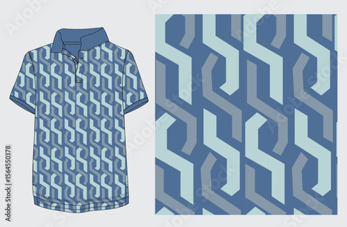 This seamless geometric pattern features bold abstract shapes in layered blue tones, ideal for polo shirts, menswear, resort wear, textiles and contemporary streetwear