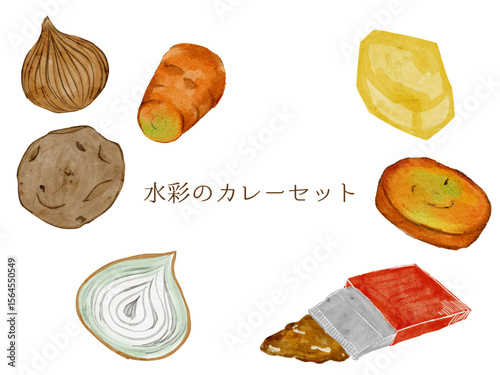 水彩で描いたカレーセット粉末の料理食材の水彩ベクターイラスト素材	一式