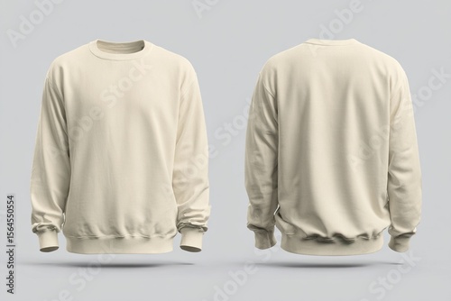 Front and back view of a plain off-white crew neck sweatshirt. High quality