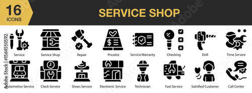 Service Shop solid icon set. Includes customer, mechanic, store, assistance, and More. Solid icons vector collection.
