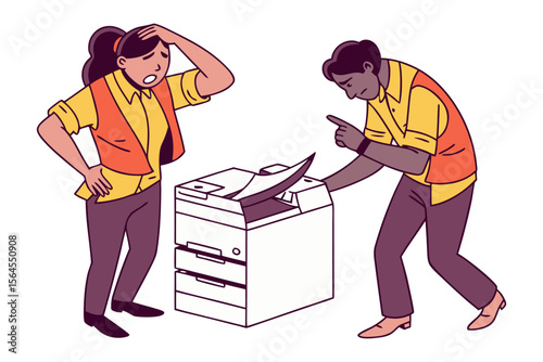 Frustrated coworkers experiencing a paper jam and malfunction with their office copier machine causing stress and confusion
