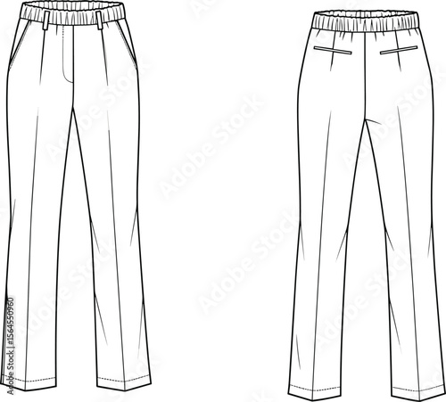 Technical flat sketch of straight-leg pants with elastic waistband, front slant pockets, back welt pockets, fashion CAD drawing