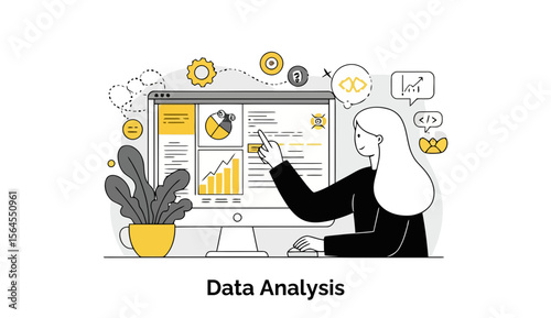 Young woman in business attire analyzing data on a computer screen in an office setting. Female data analyst reviewing charts and graphs, pointing at data displayed on a monitor in a modern workplace.