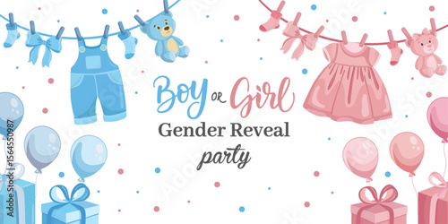 Boy or Girl Gender reveal banner Baby hanging clothes Pink or blue