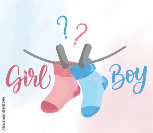Gender reveal greeting card Pink and blue baby socks Boy or girl