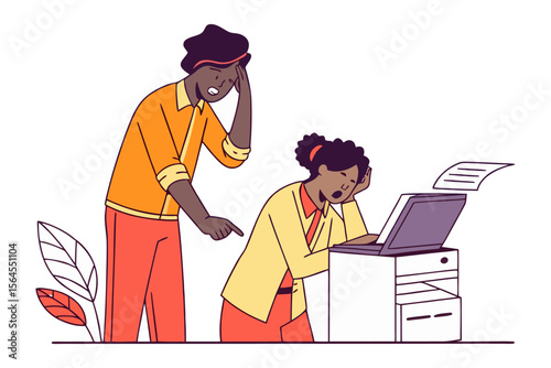 Frustrated colleagues struggling with a malfunctioning printer and overwhelming workload in a modern office setting