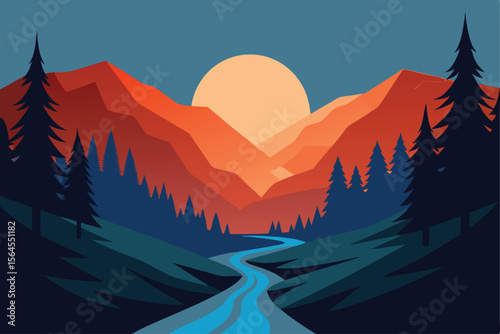 Sunset Mountain Landscape River Valley, Pines, and Golden Hour