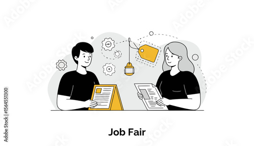 Young adults engaged in a job fair at a professional setting. Two individuals, a man and a woman, are reviewing job applications at a table.