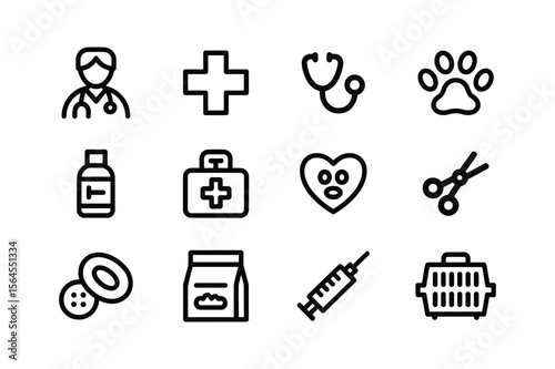 Veterinary icons doctor cross stethoscope paw print medicine bag heart scissors syringe carrier