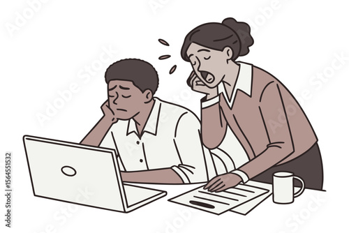 Overwhelmed office worker looking at a laptop while a colleague yawns nearby illustrating workplace fatigue and stress