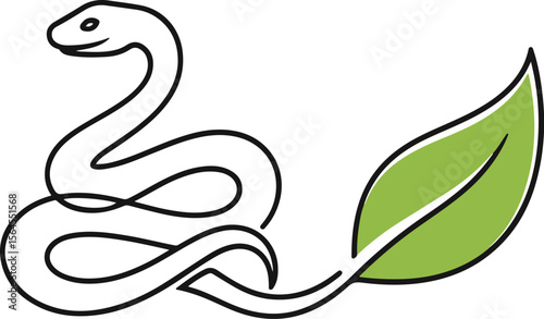 Minimalist vector of a snake whose tail transforms into a leaf. Smooth curves, balanced composition. Combines wildlife and eco concepts — perfect for logo or product design.