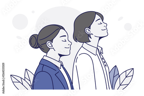 Two women with closed eyes and serene expressions enjoying a moment of peace and reflection amidst stylized floral elements