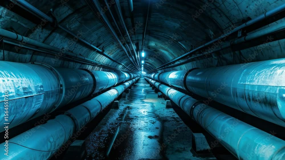 Wide-angle shot of an industrial tunnel with blue lighting, showcasing large pipes and a vanishing point, creating a futuristic video aesthetic. Live desktop wallpaper.