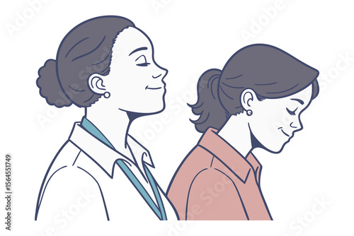 Two women in profile view one with eyes closed and a serene expression the other looking down with a gentle smile
