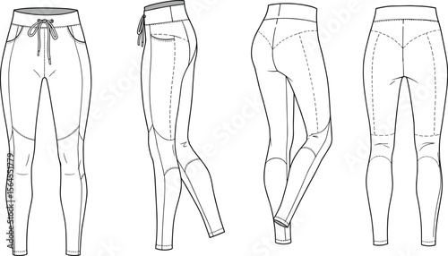 Women’s athletic leggings technical flat sketch with drawstring waistband, contour panels, knee seaming, back yoke, sporty fitted pants vector