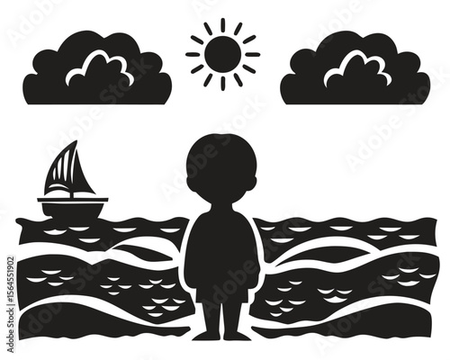 Silhouette of a man with an umbrella against a cloudy sky over the sea, a perfect symbol for summer travel