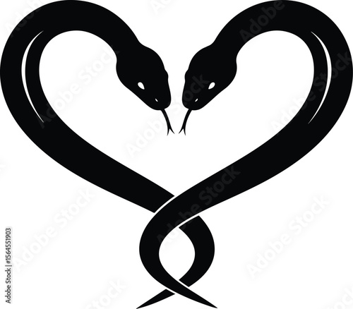 Vector silhouette of two snakes facing each other, their curved bodies forming a heart shape..
