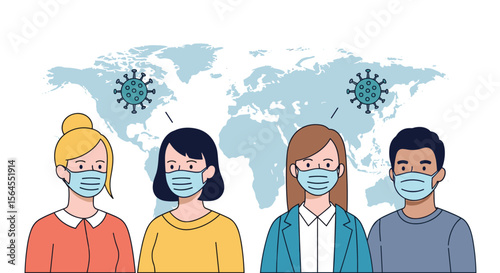Global health crisis people wearing face masks world map virus outbreak prevention measures public safety awareness