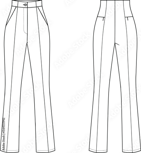 Women’s high waist bootcut pants flat sketch with button waistband, front pockets, back yoke detail, technical fashion vector illustration