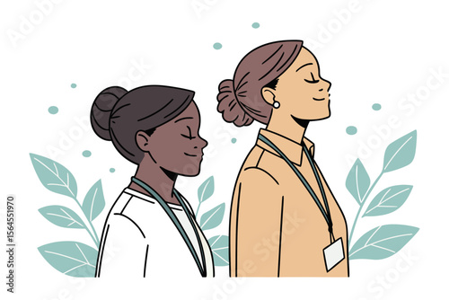 Two diverse women with eyes closed and serene expressions embracing a moment of calm and mindfulness amidst nature inspired elements