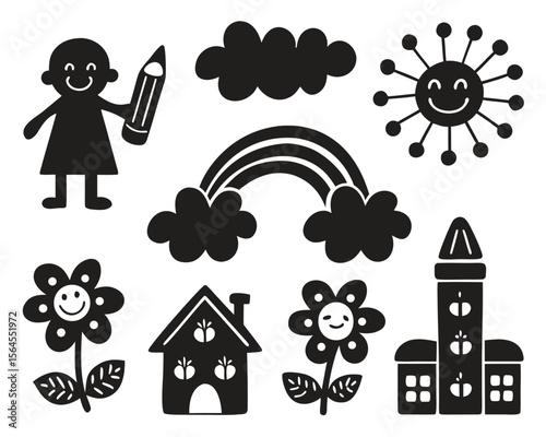 Colorful vector icons of diverse houses and buildings under a bright sun, perfect for real estate and architectural design illustrations