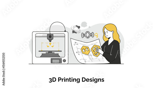A young female engineer is meticulously examining a complex 3D printed model, comparing it to the digital design on her computer screen in a high-tech modern workspace.
