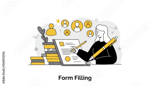 Young woman filling out a form in a modern office setting. Focused action with a document, pen, and stack of documents.