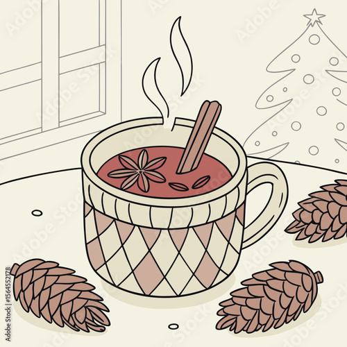 Cup Of Mulled Wine With Spices And Pine