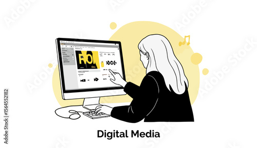 Woman using computer to interact with digital media in a modern office setting. Working with media content with a professional demeanor in a home office.
