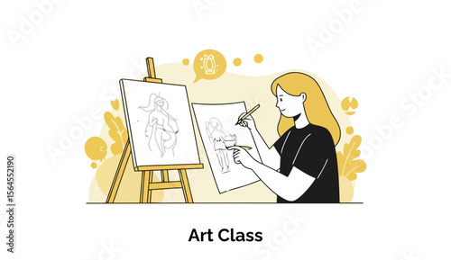 Young woman with blonde hair in a black shirt, drawing a figure on paper placed on an easel in an art class setting. Focused student with artistic expression in a classroom.
