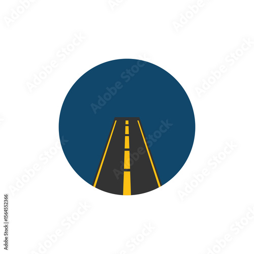 A stylized illustration of a road receding into the distance, set within a dark blue circle.