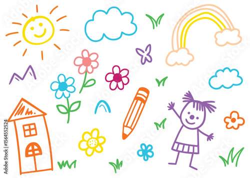 Cartoon illustration of a set of fun children drawing a rainbow with their family on a summer day