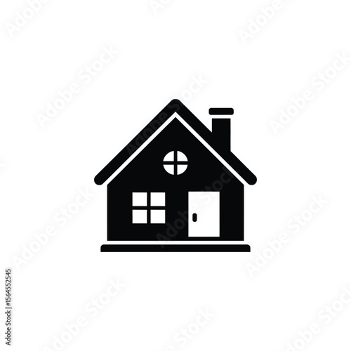 Black SingleStory House Icon with Chimney, White Door, and Round Upper Window
