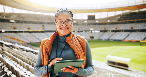 Fotografía Woman, coach and portrait with tablet at stadium for sports event, competition and review for tactics