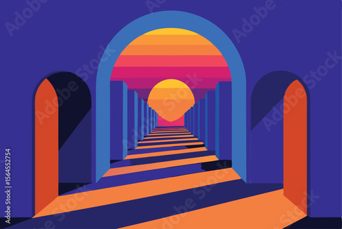 Sunset Archway A Vibrant Digital Illustration of an Architectural Passageway