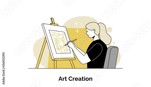 Young woman in black clothing creating art at an easel in a studio setting. Focused artist working on a painting with a paintbrush, in a studio space.