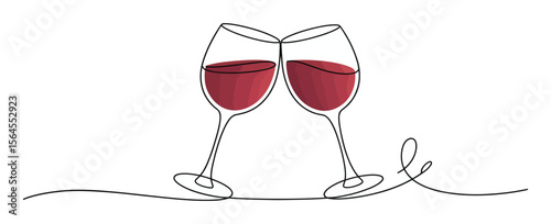 continuous line art of two wine glasses clinking together with red wine, symbolizing friendship, celebration, elegance, and festive joy
