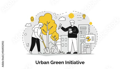 Young adults in casual clothing participate in urban greening activities, planting a tree in a city park setting.