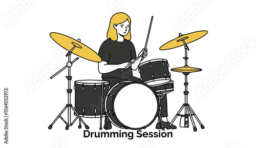 Young woman playing drums in a music practice session. Female drummer in black clothing playing drums in a studio setting.