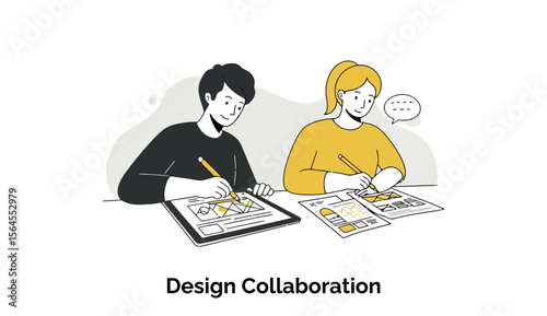 Young male and female designers in casual clothing collaborating on design projects at a table in a modern workspace.