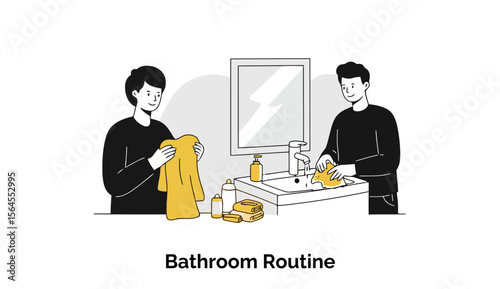 Young adults in casual clothing performing a bathroom routine in a modern bathroom. Two individuals are drying and washing hands at a bathroom sink.