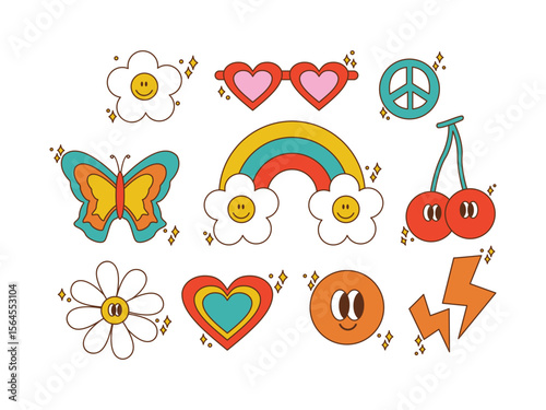 Hand Drawn Retro Groovy Sticker Elements Collection Peace, Love, and Sunshine Vibes