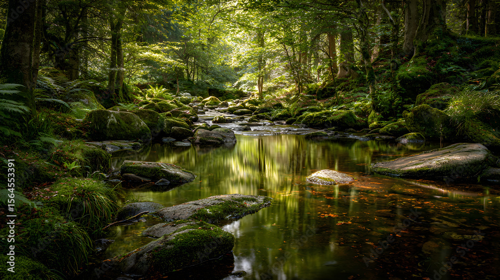 Obraz premium Whispering Waters: A Tranquil Stream Meanders Through an Enchanted Forest