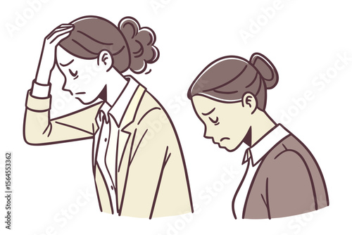 Two women in business attire appear distressed one holding her head in despair while the other looks down sadly